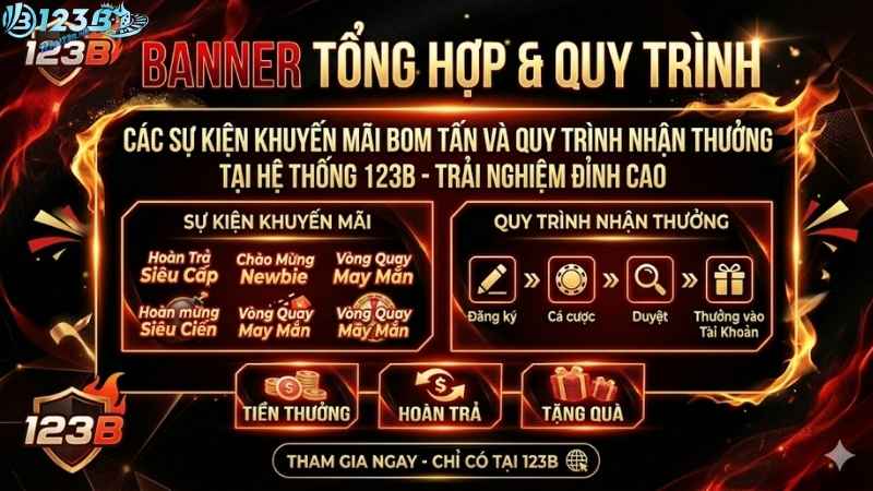 Banner tổng hợp các sự kiện khuyến mãi bom tấn và quy trình nhận thưởng tự động tại hệ thống 123B