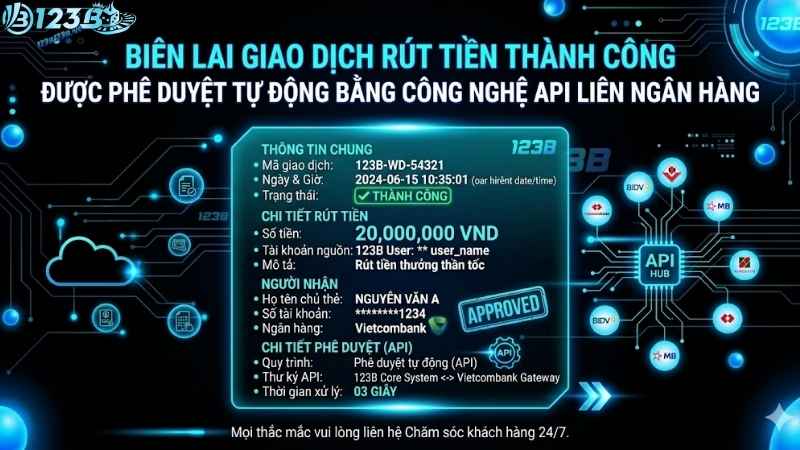 Biên lai giao dịch rút tiền thành công được phê duyệt tự động bằng công nghệ API liên ngân hàng
