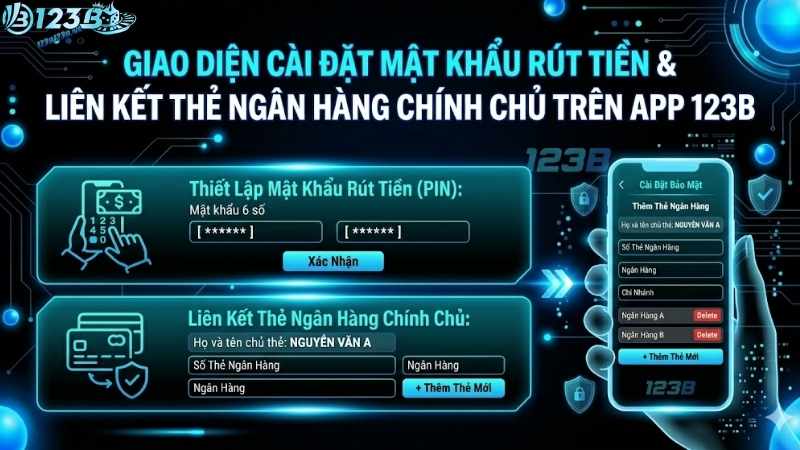 Giao diện thiết lập mật khẩu rút tiền và liên kết thẻ ngân hàng chính chủ bảo mật trên App 123BGiao diện thiết lập mật khẩu rút tiền và liên kết thẻ ngân hàng chính chủ bảo mật trên App 123B