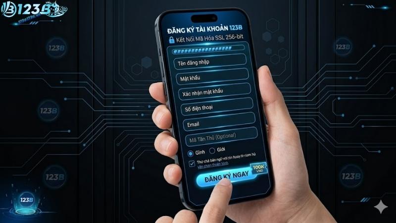 Giao diện biểu mẫu đăng ký tài khoản 123B chuẩn hóa mã hóa SSL trên thiết bị di động