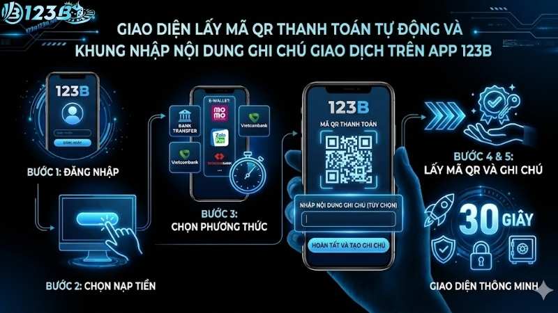Giao diện lấy mã QR thanh toán tự động và khung nhập nội dung ghi chú giao dịch trên App 123B