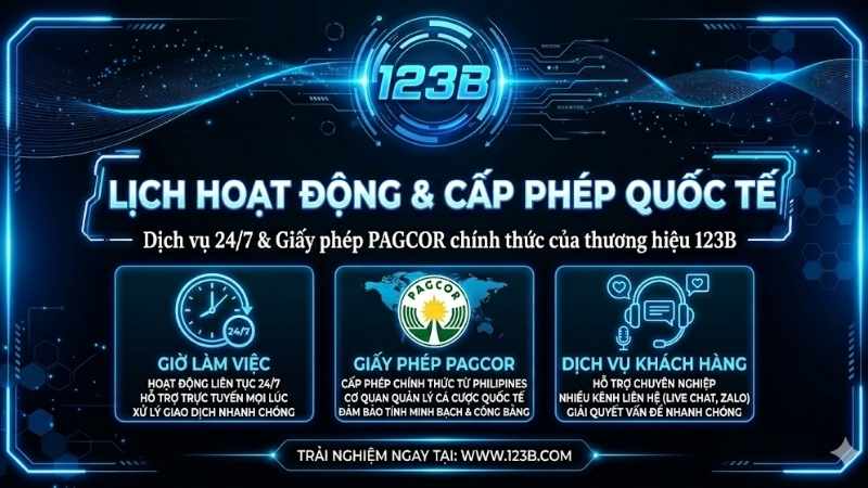 GIỚI THIỆU Giờ làm việc & Giấy phép công nhận quốc tế từ PAGCOR của thương hiệu 123B